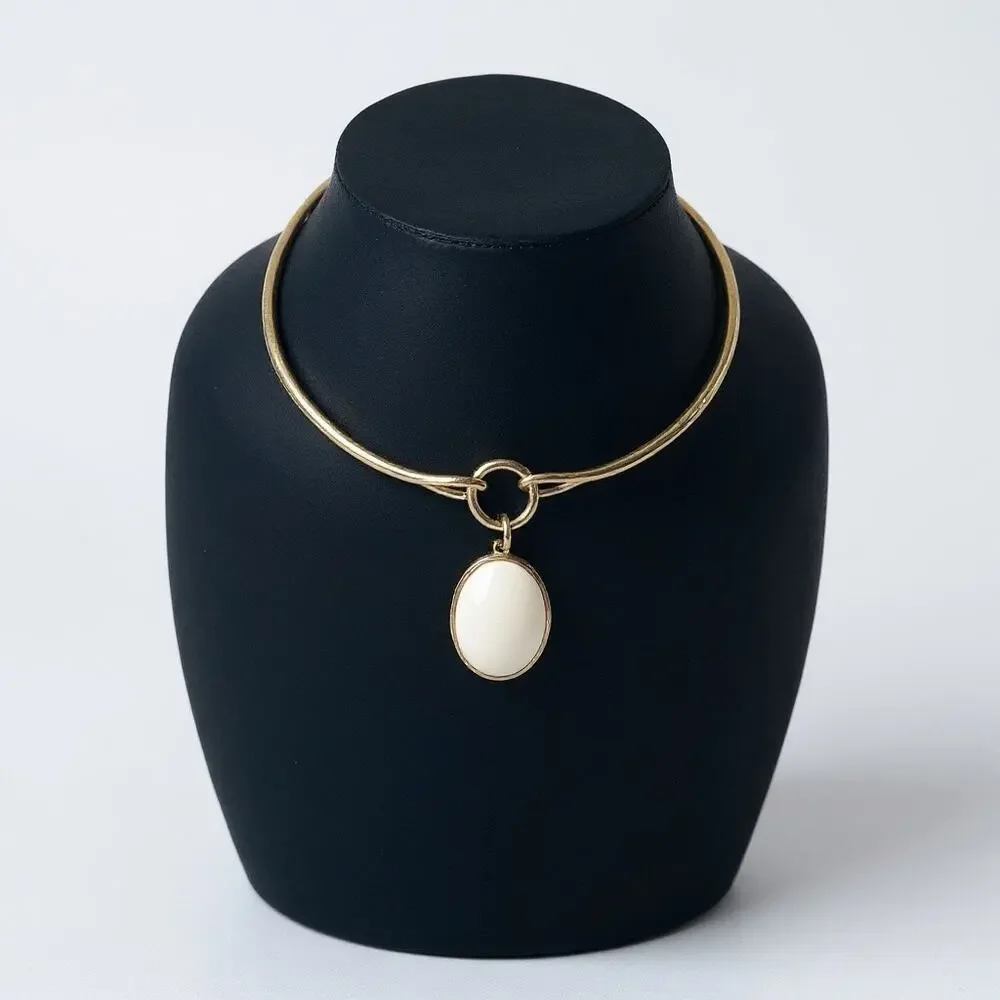 White House Black Market Gold Collar Choker with White Oval Pendant | NWOT